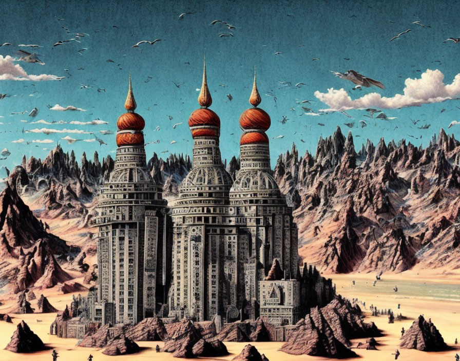 Surreal artwork: Ornate buildings with onion domes in mountain landscape