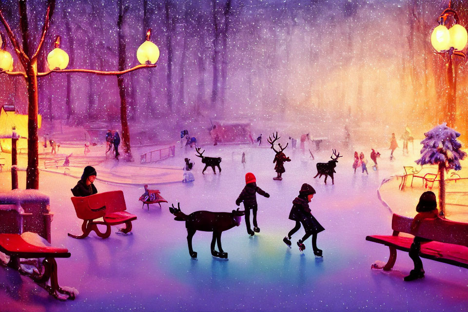 Illustration of people and reindeer ice-skating in snowy park at twilight