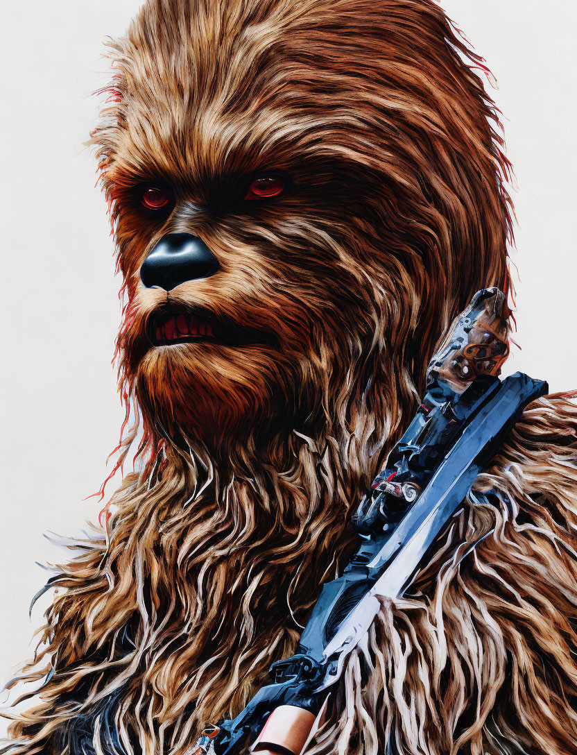 Detailed Chewbacca illustration with red eyes and bowcaster, showcasing intricate fur textures.