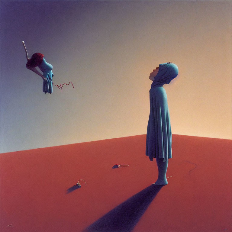 Surreal painting: Blue-robed figure gazes at floating figure with umbrella on red ground.