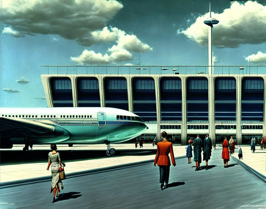 Vintage illustration: People walking to retro-futuristic airport with airplane & control tower