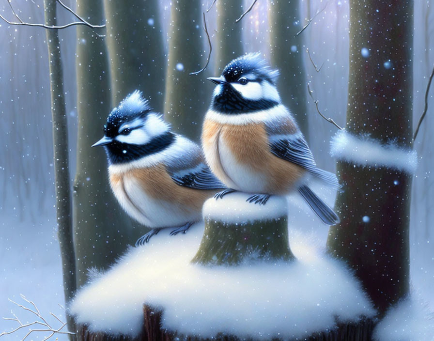 Fluffy birds on snow-covered stump in serene forest