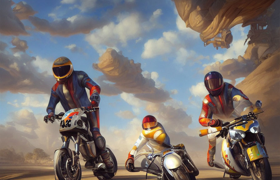 Three motorcyclists racing in a desert under dramatic sky