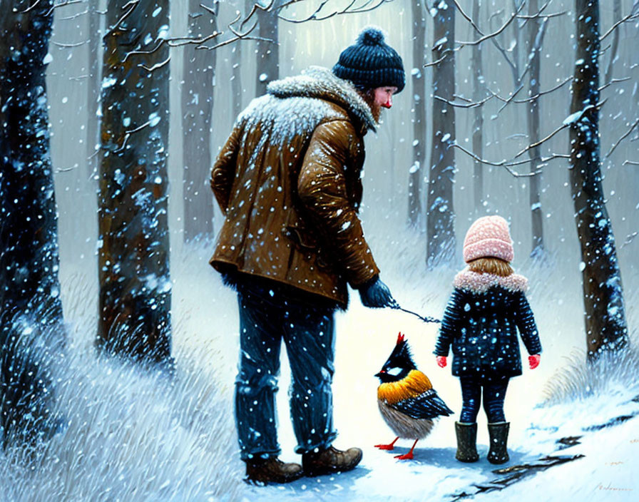 Adult and child walking with chubby bird in snowy winter scene