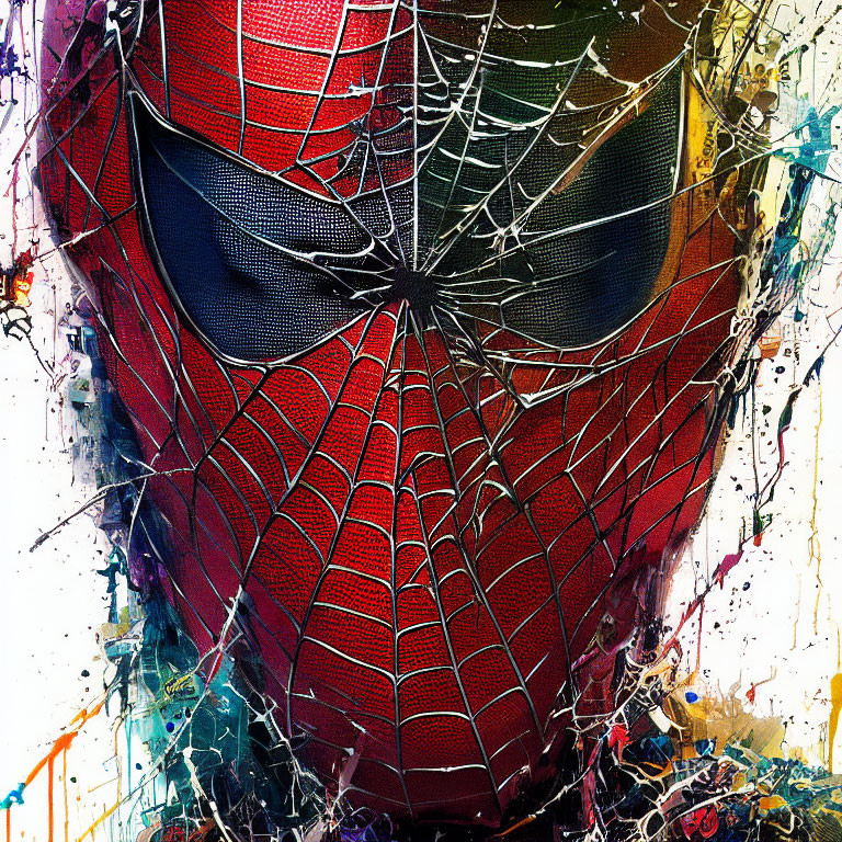 Spider-Man mask with spider web design and vibrant paint splashes.