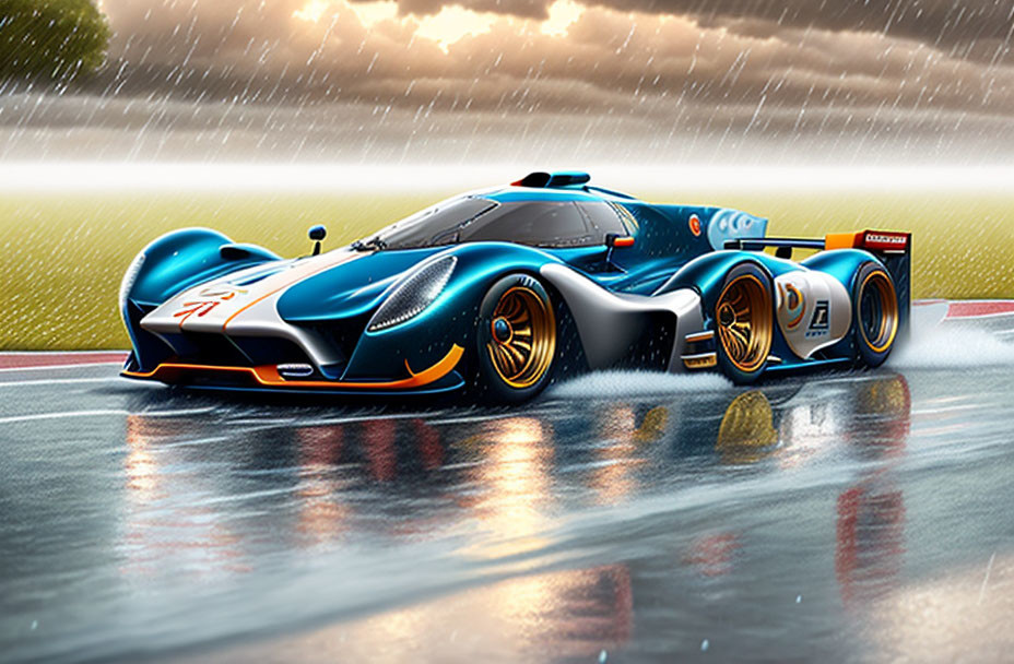 Blue and Orange Race Car Number 24 Speeding on Wet Racetrack in Rain