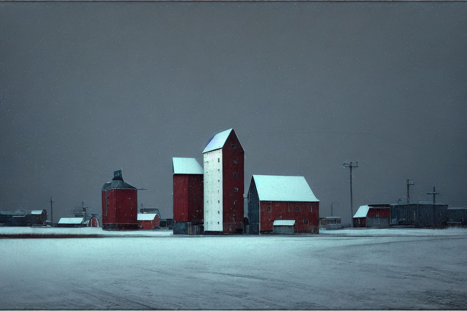 Red farm buildings in snowy landscape under overcast sky