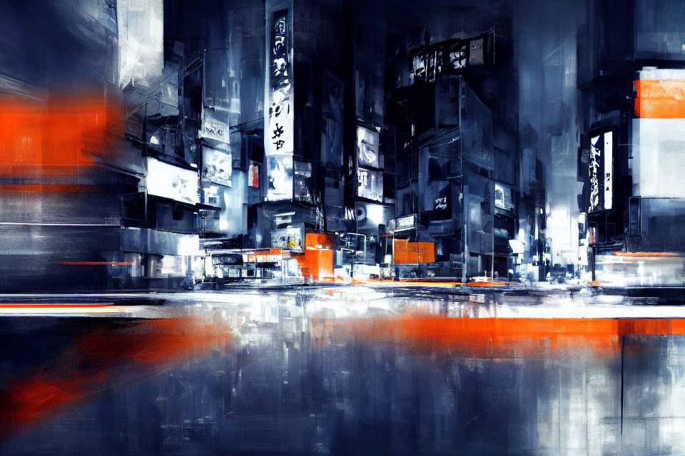 Abstract Cityscape Painting in Blue and Orange Hues with Blurry Reflections and Urban Signage