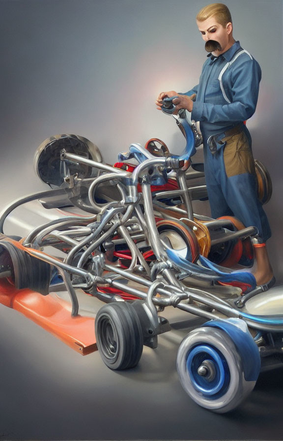 Mechanic in Blue Suit Contemplating Go-Kart Repairs