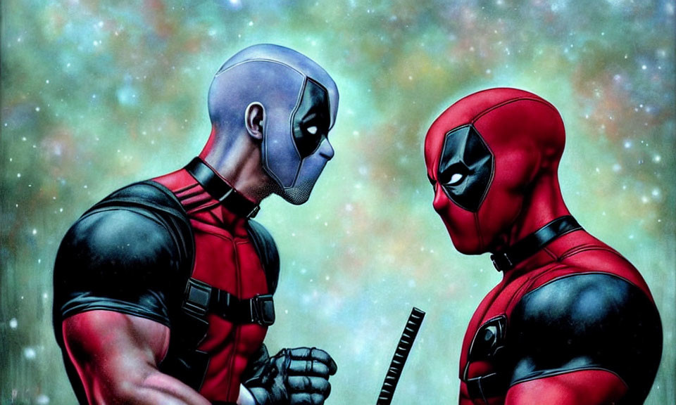 Cosmic starry background with two Deadpool-like characters.