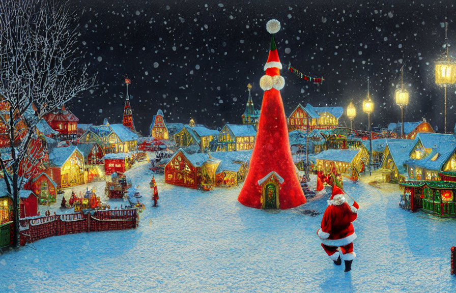 Colorful Christmas Village with Giant Tree and Santa Claus in Snowy Setting