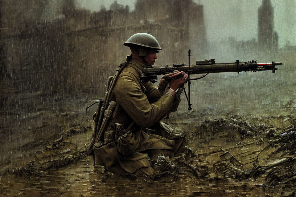 Military soldier in combat gear kneeling in war-torn landscape