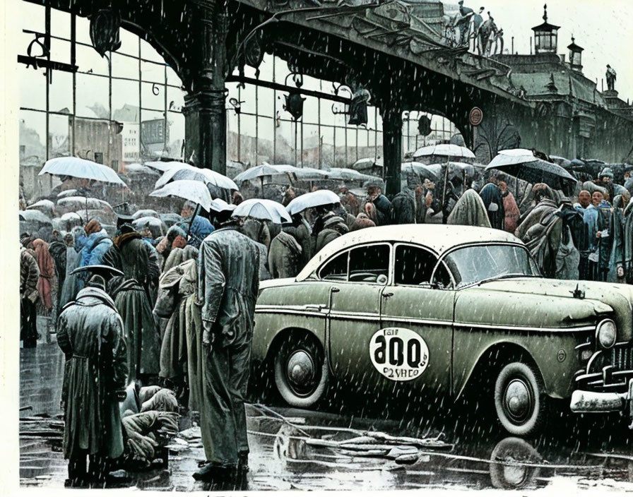 Busy city street scene with vintage cars and train station canopy in rain.