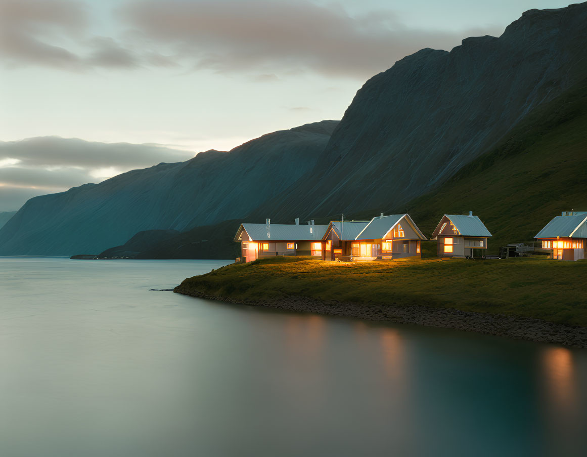 Serene lakeside houses with lit windows at dusk