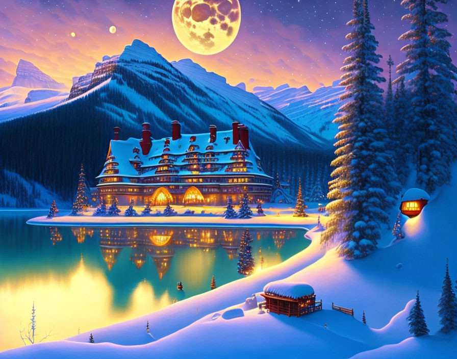 Snowy Mountains: Lodge Reflects on Calm Lake Under Starry Sky