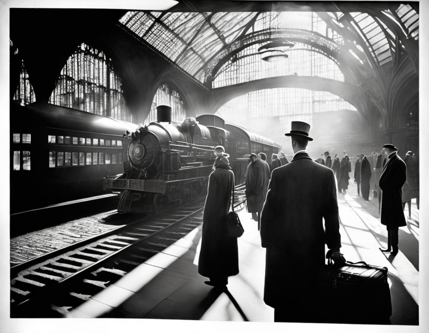 Vintage Black and White Photo of Passengers in Old Train Station with Steam Locomotive