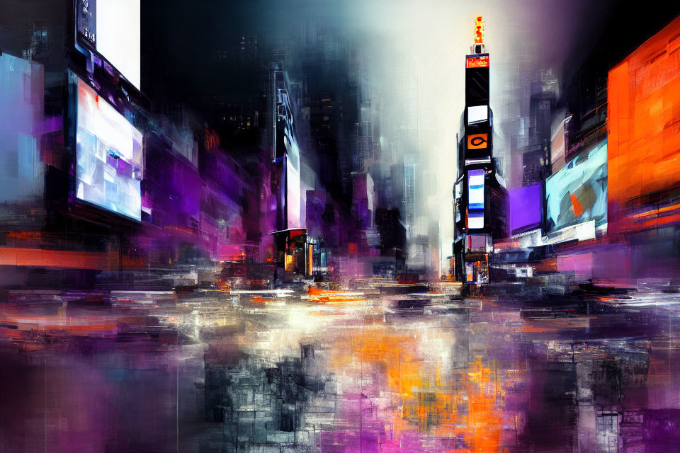 Colorful abstract cityscape painting with bright billboards and wet reflections.