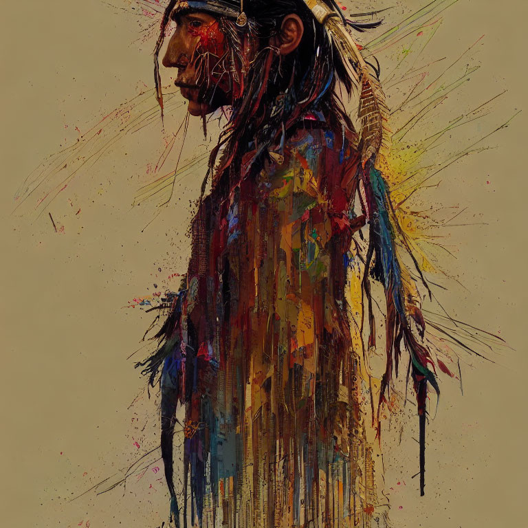 Portrait of a person with Native American features and colorful feather adornments