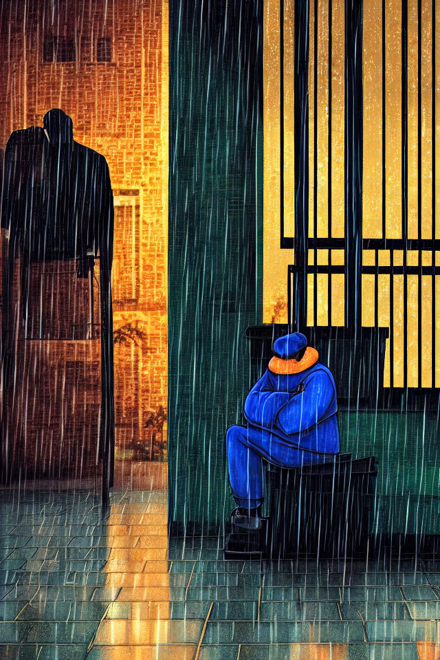 Lonely figure in blue coat and hat sitting in rain under balcony with warm glow.