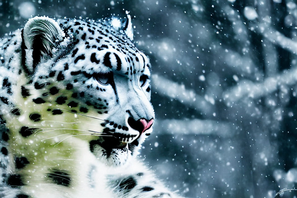 Snow leopard with thick fur in serene snowfall