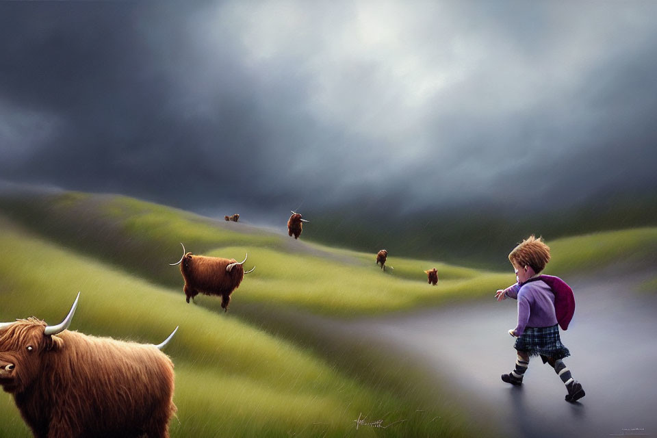 Child in kilt running in hilly field with highland cattle under stormy sky