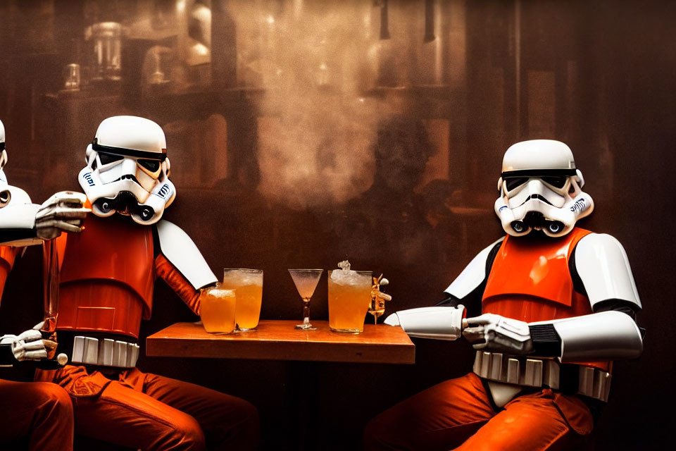 Two Stormtroopers with Orange Pauldrons Chatting at Bar