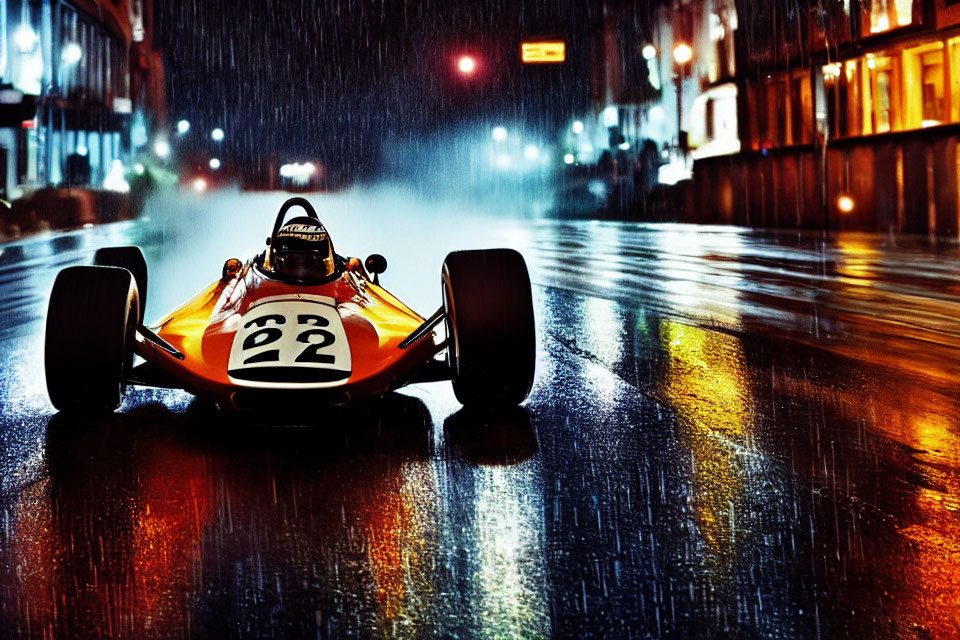 Vintage race car speeding on wet city street at night in rainy atmosphere