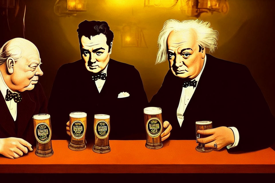 Three vintage-style men in suits at a bar with pints of beer in warm tones