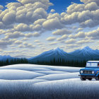 Vintage Blue Car Parked in Snowy Field with Forest and Mountains