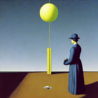 Person in Hat Observing Green Balloon with Surveillance Camera - Painting