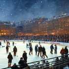 Nighttime ice skating rink with crowd and snowfall in cityscape.