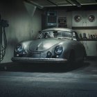 Classic White Porsche in Dimly Lit Garage with Glossy Floor & Red Leakage