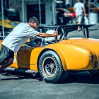 Vintage yellow sports car crashes through glass barrier in urban street