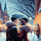 Couple in winter attire on snowy street with glowing street lamps