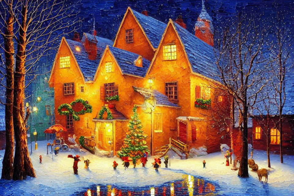 Snow-covered village scene at night with Christmas tree and cozy houses
