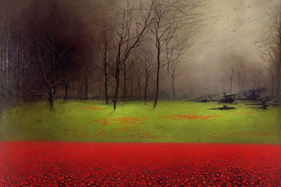 Eerie landscape with red poppy field and foggy forest