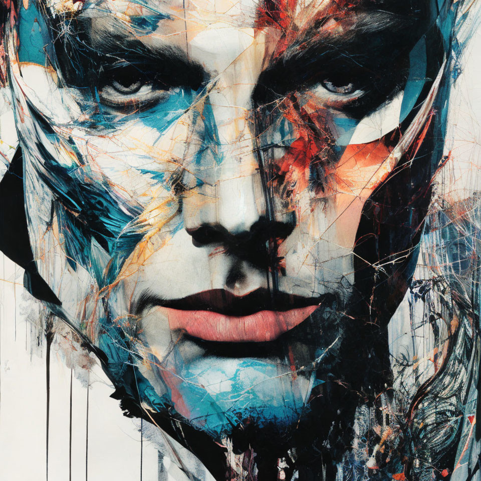 Colorful Abstract Portrait with Blue, Red, and White Splashes