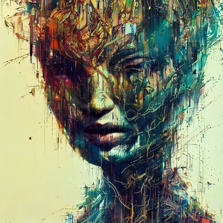 Vibrant abstract digital art of a fragmented human face