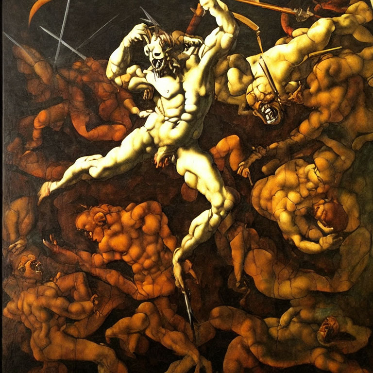 Muscular figures in chaotic struggle with demon-like creature on dark backdrop