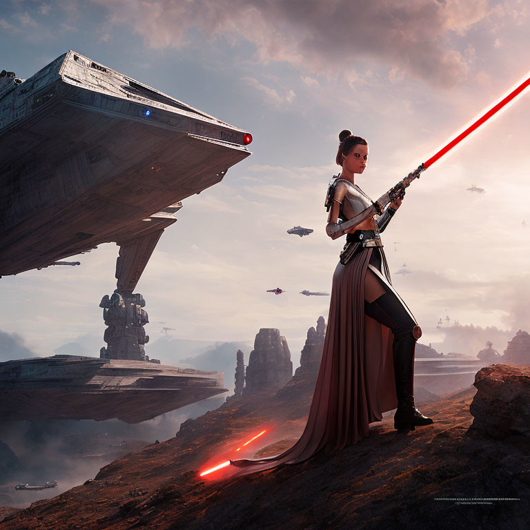 Woman with red lightsaber on rocky terrain with spaceships and dramatic sky