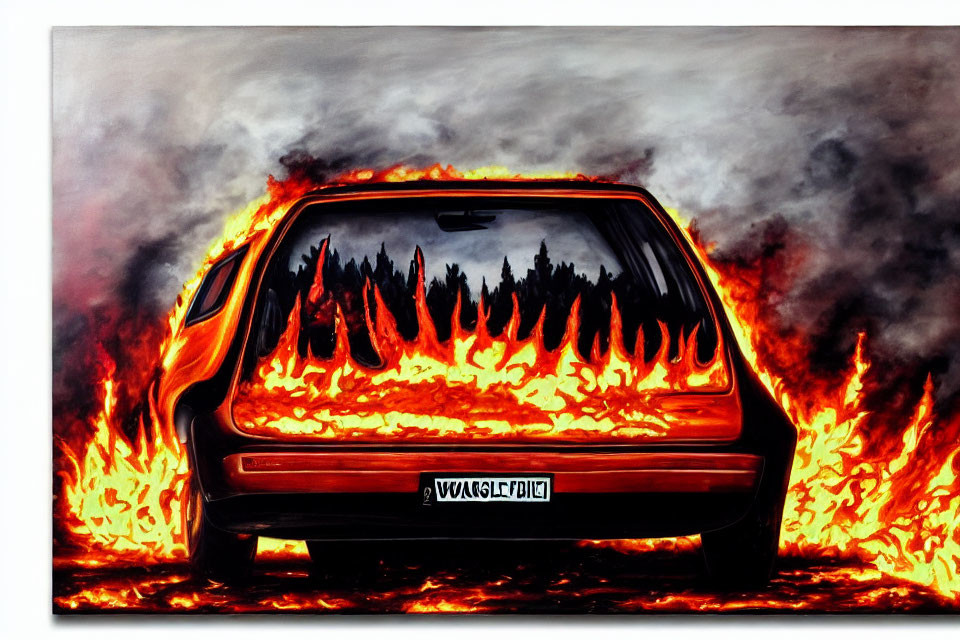 Dramatic painting of car on fire with billowing smoke