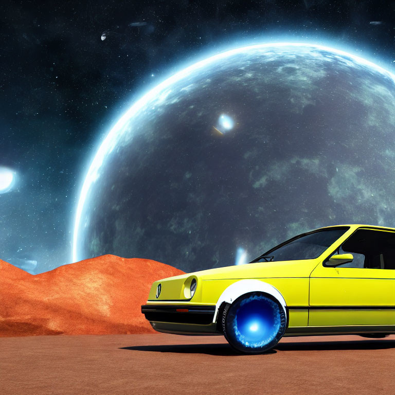 Yellow retro-futuristic car on rocky surface with glowing blue exhaust and large planet in background.