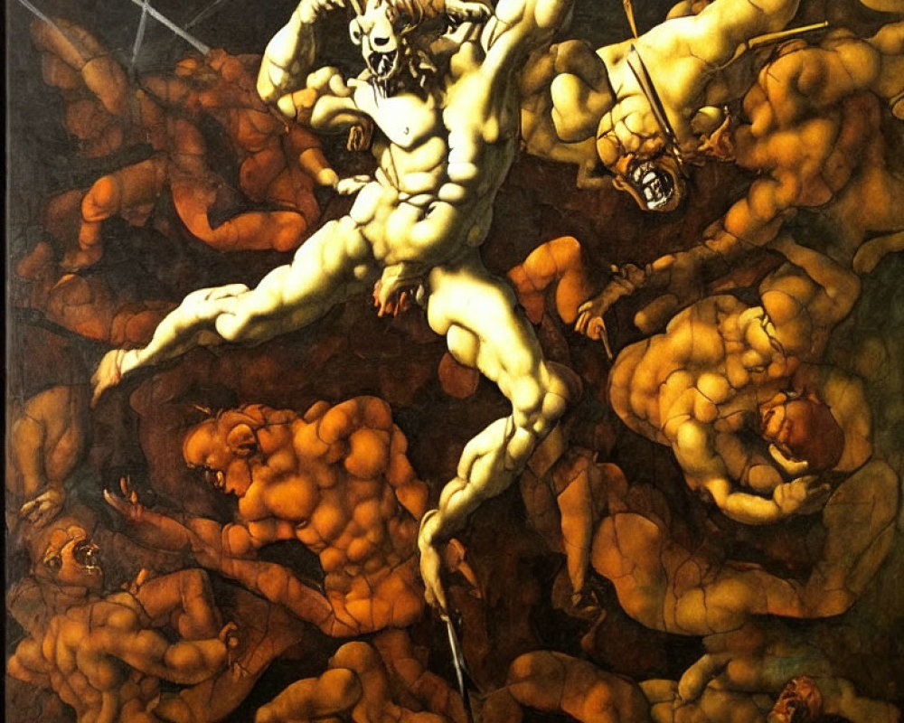 Muscular figures in chaotic struggle with demon-like creature on dark backdrop