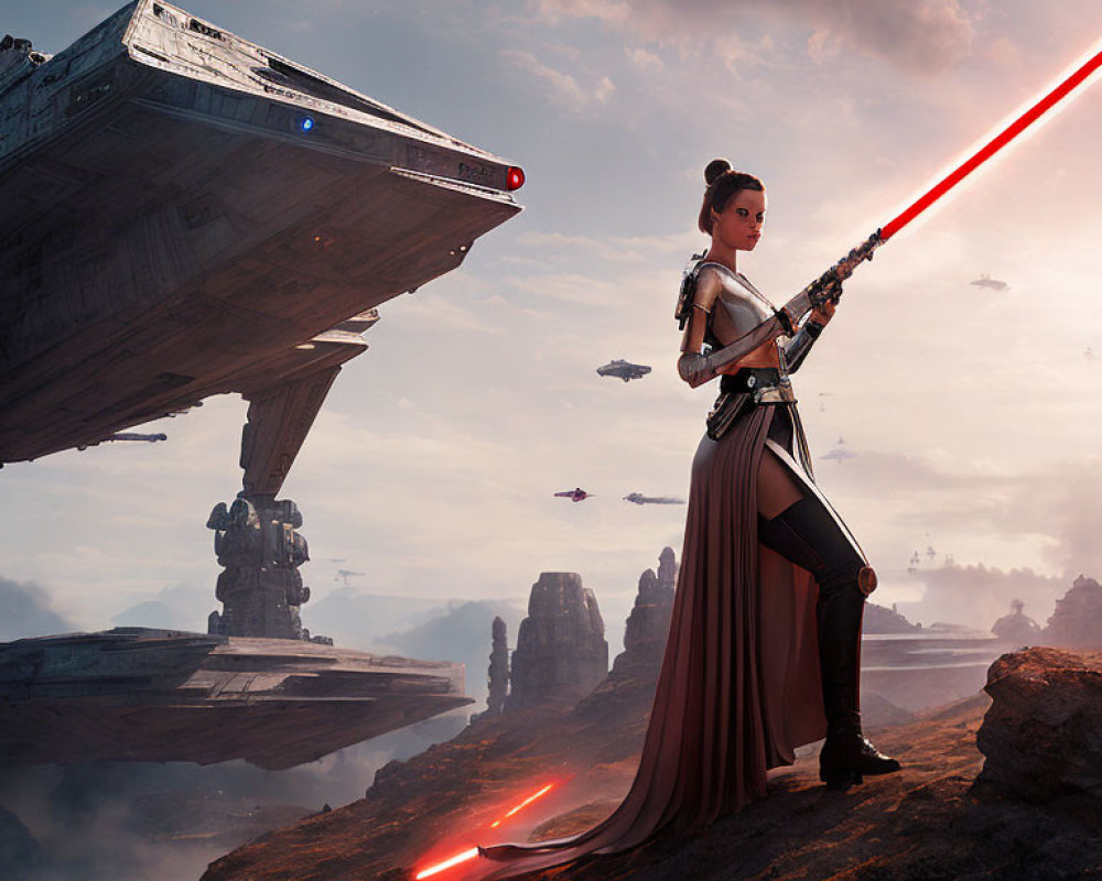 Woman with red lightsaber on rocky terrain with spaceships and dramatic sky