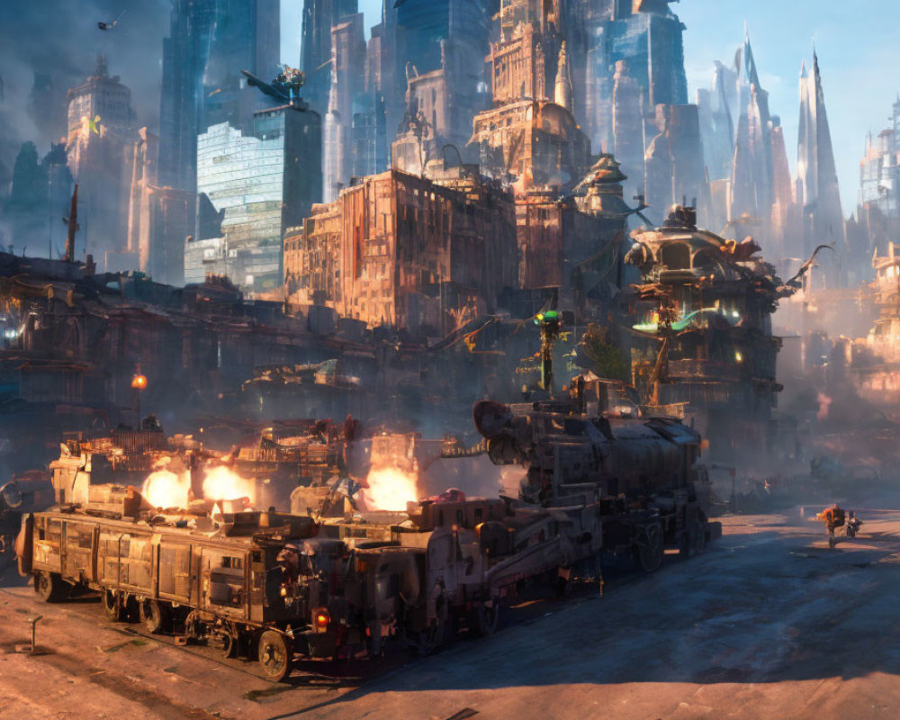 Dystopian cityscape with military convoy and dilapidated buildings