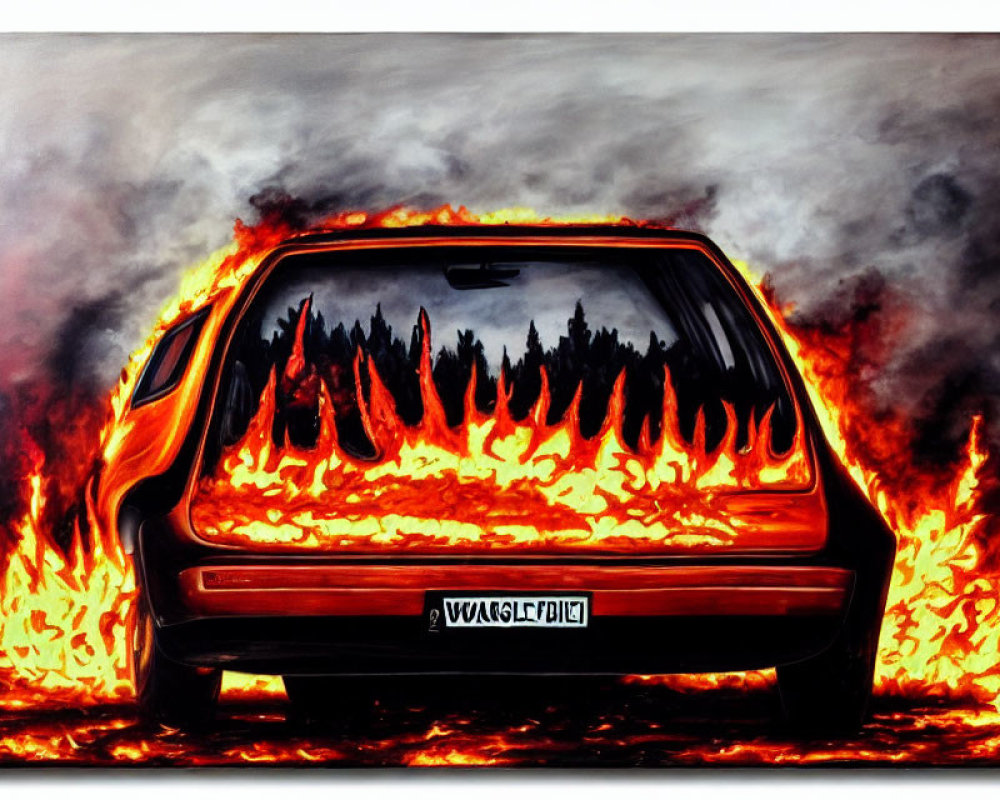 Dramatic painting of car on fire with billowing smoke