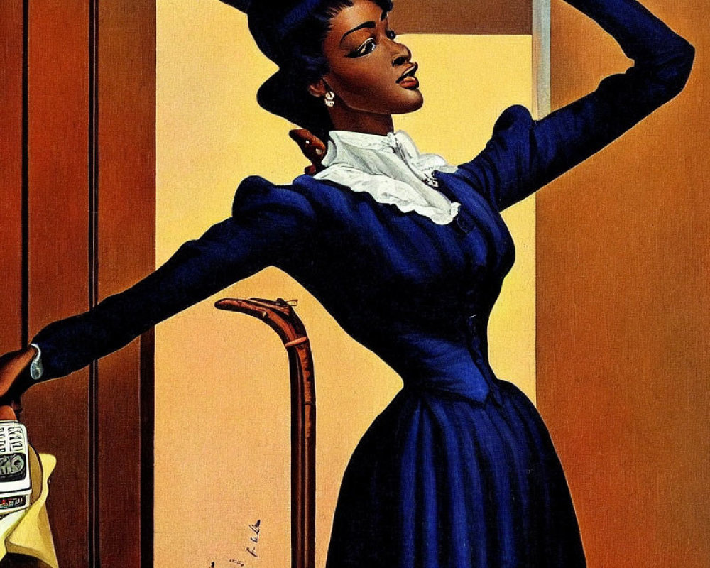 Vintage Blue Dress Illustration: Stylish Woman with White Collar and Poised Posture