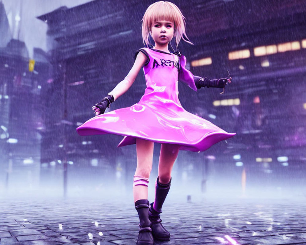 Digital artwork: Young girl with blonde hair in purple dress standing on wet cobblestone street under rainy