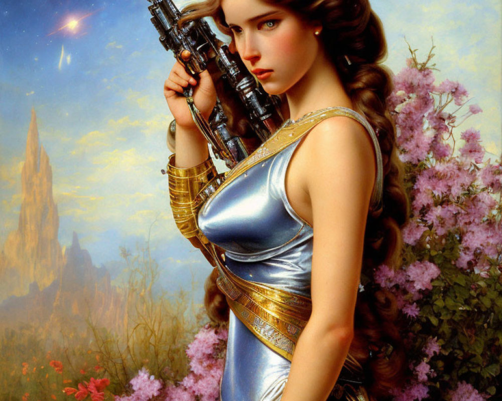 Fantasy artwork of woman with braided hair, rifle, metallic dress, lush flora, distant castle