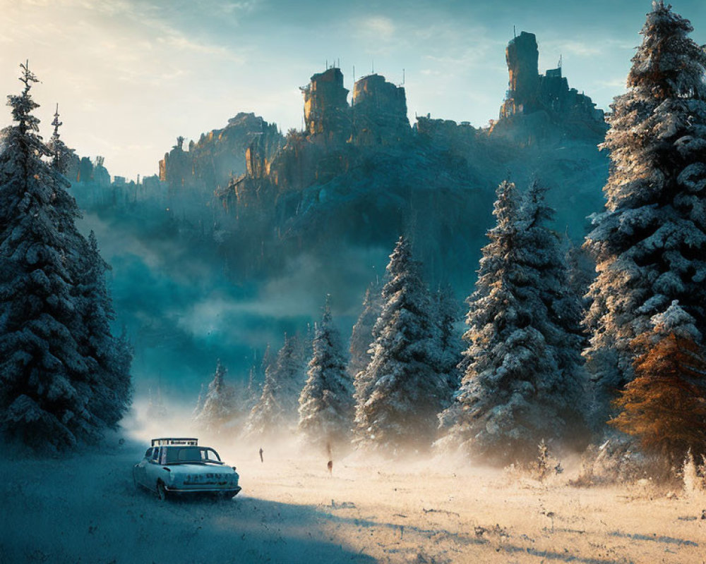 Vintage car in snowy forest with illuminated castle